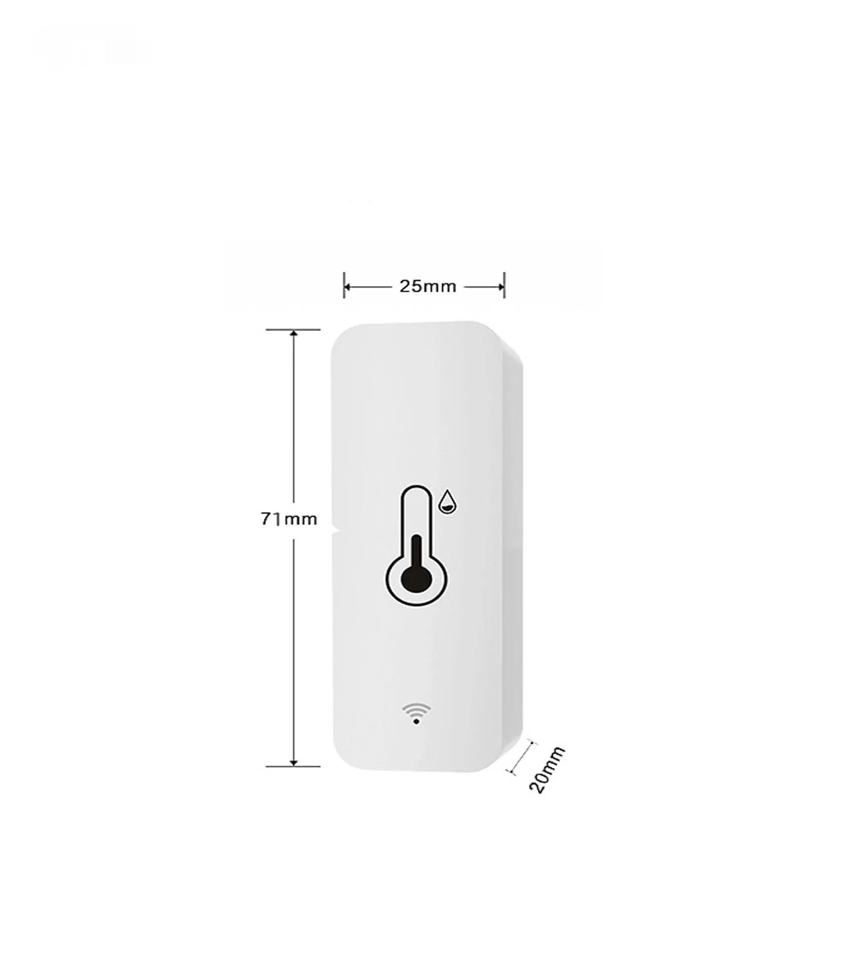 WiFi humidity and temperature sensor with ABS housing measuring 72mm by 25mm by 20mm