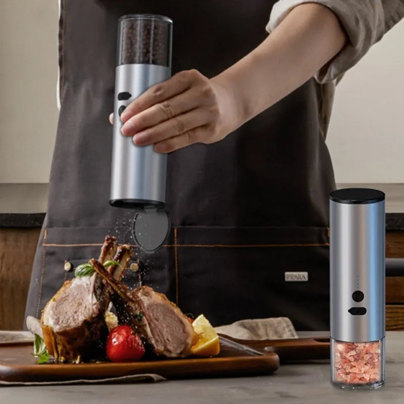 USB rechargeable electric salt and pepper grinder set with clear glass jar and stainless steel top