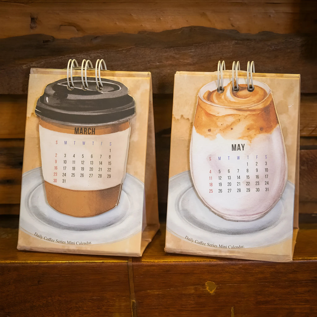 2025 mini desk calendar set showing four different paper calendar designs including Coffee Time theme