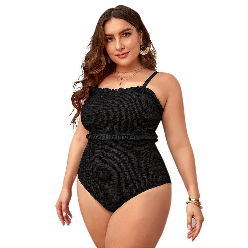 Black plus size women's bikini swimsuit with double shoulder straps and briefs-style bottoms