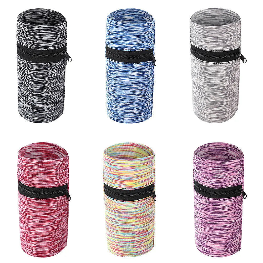 Polyester sports arm bag for mobile phones shown in multiple colours including striped patterns, worn on the arm.