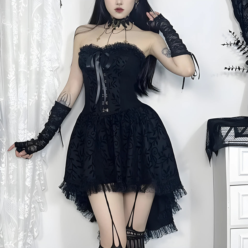 Black gothic flocking bra trailing dress with bow detail, sleeveless, hip skirt style for Halloween costume