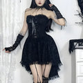 Black gothic flocking bra trailing dress with bow detail, sleeveless, hip skirt style for Halloween costume