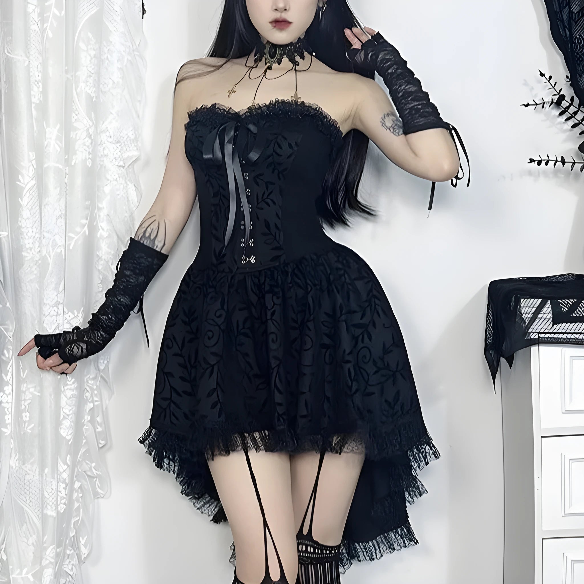 Black gothic flocking bra trailing dress with bow detail, sleeveless, hip skirt style for Halloween costume