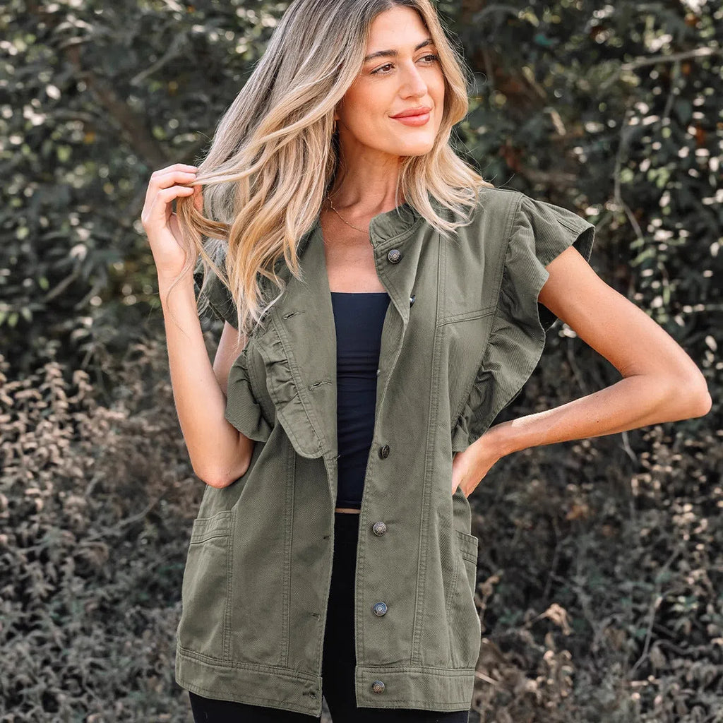 Green Bay ruffled patchwork denim jacket vest for women made from 100% cotton