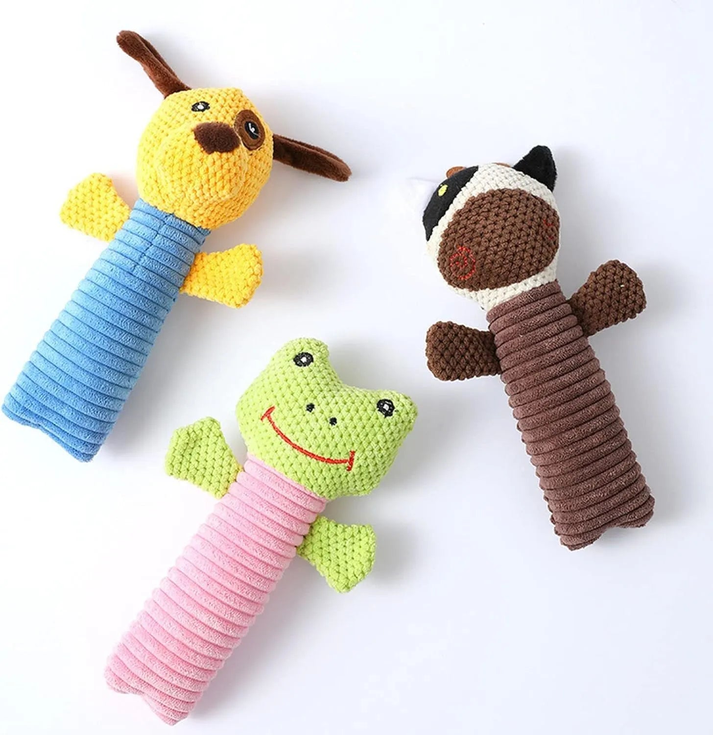 Squeaky stuffed calf, frog, or puppy dog chew toy for dental cleaning and teething relief.