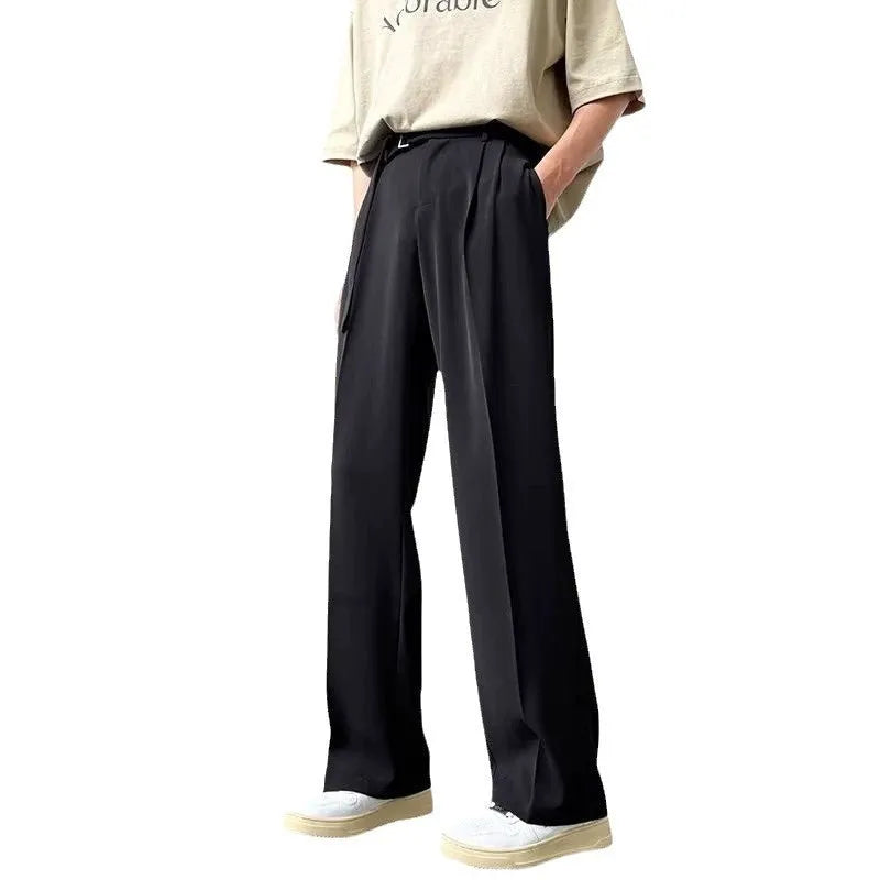 Straight leg wide trousers in black chemical fibre blend fabric with non-ironing finish