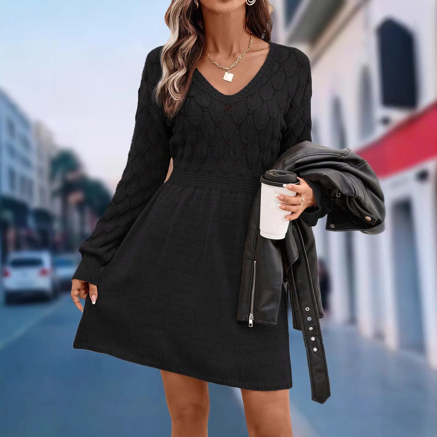 Women's long sleeve V-neck beach dress in acrylic fabric with a 3D pattern and high waist.