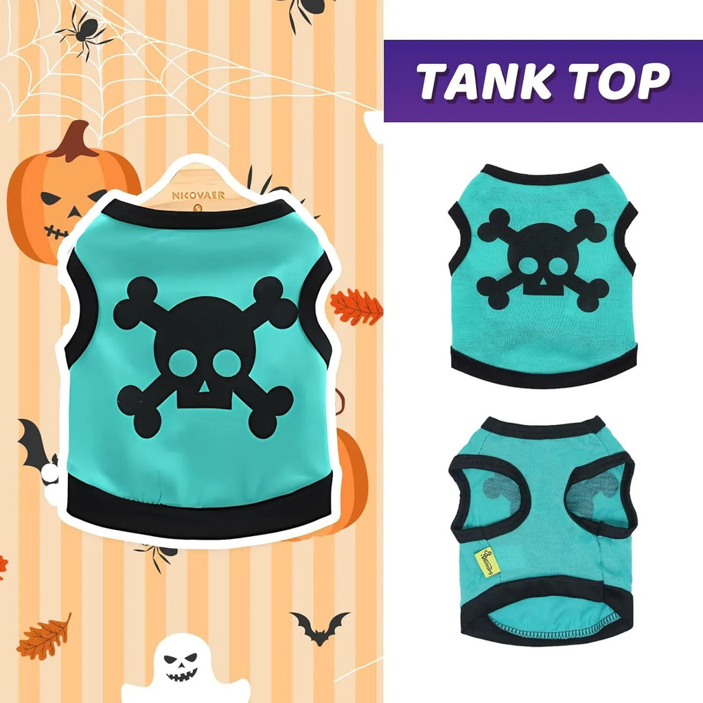 Blue Halloween dog vest with skull bones pattern on a small dog, showing stretch cotton tank top design