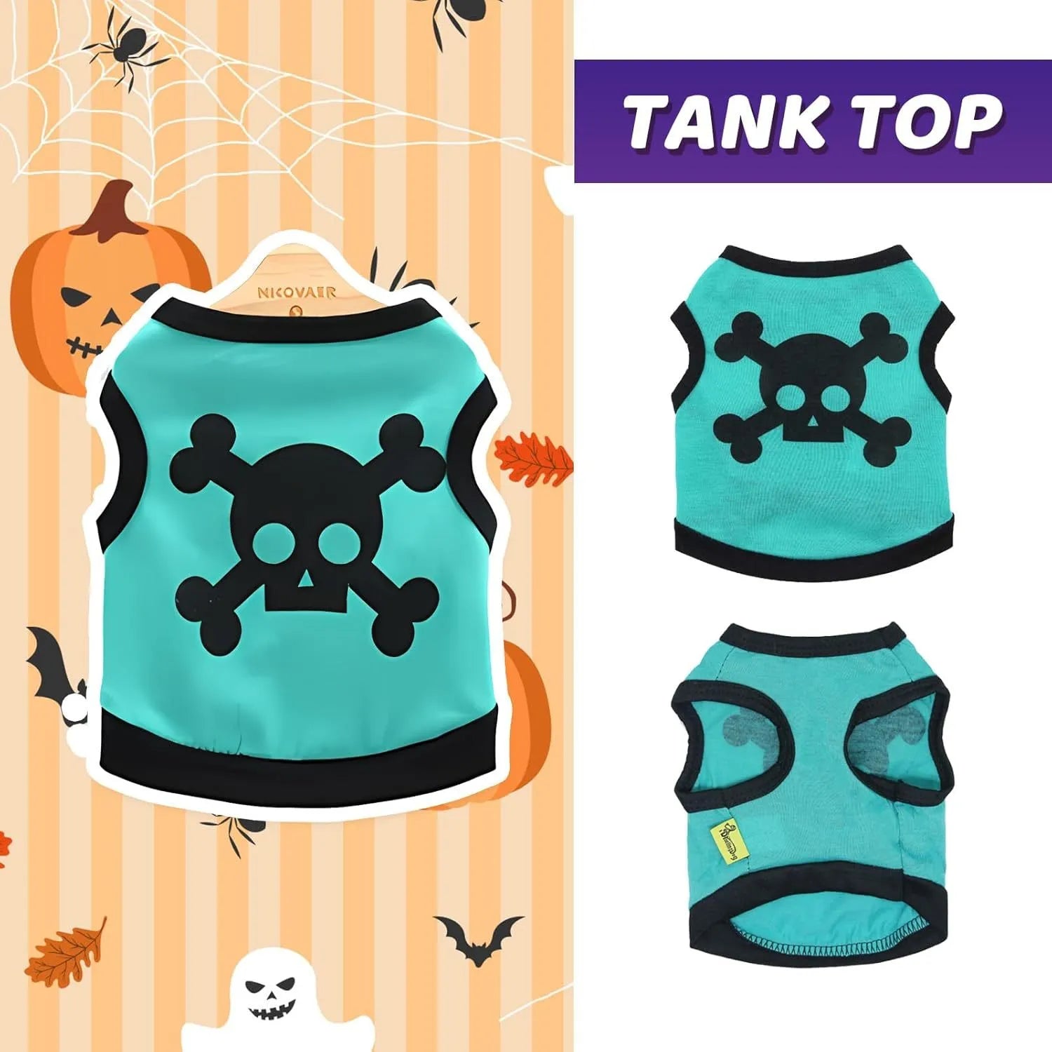 Blue Halloween dog vest with skull bones pattern on a small dog, showing stretch cotton tank top design