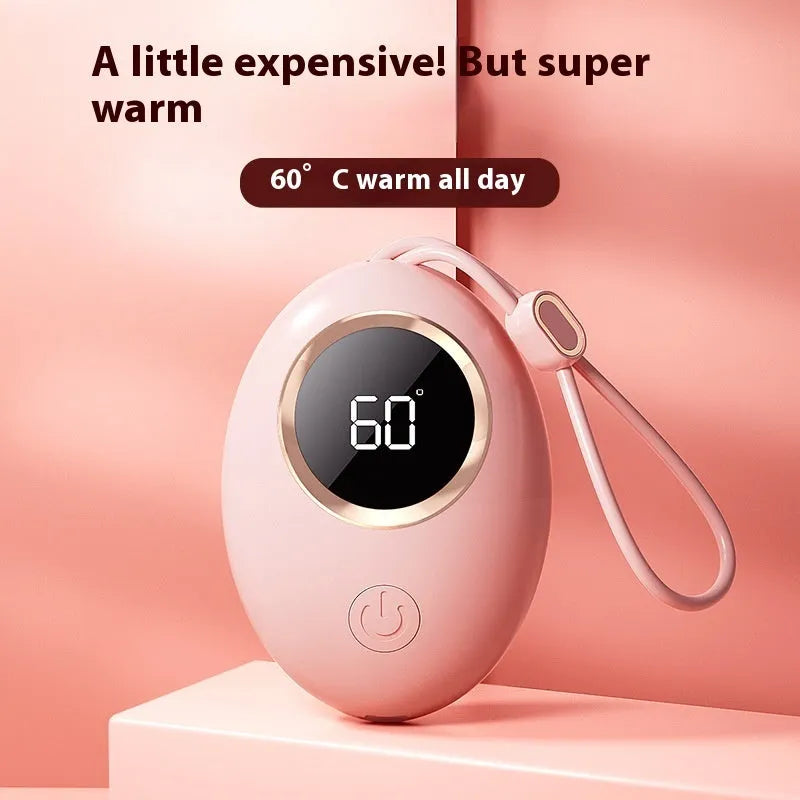 USB-powered hand warmer with digital display, showing girl pink colour option.