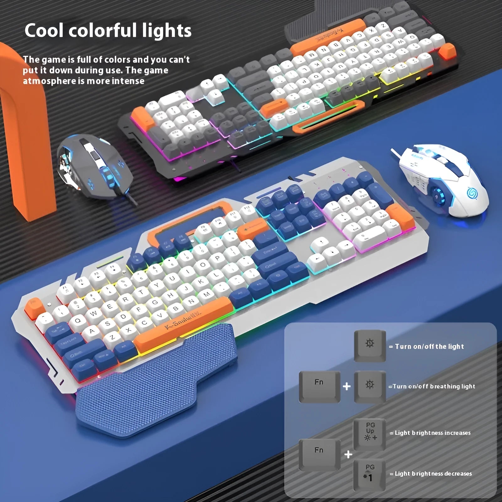 Blue and grey wired gaming keyboard and mouse set with backlit keys