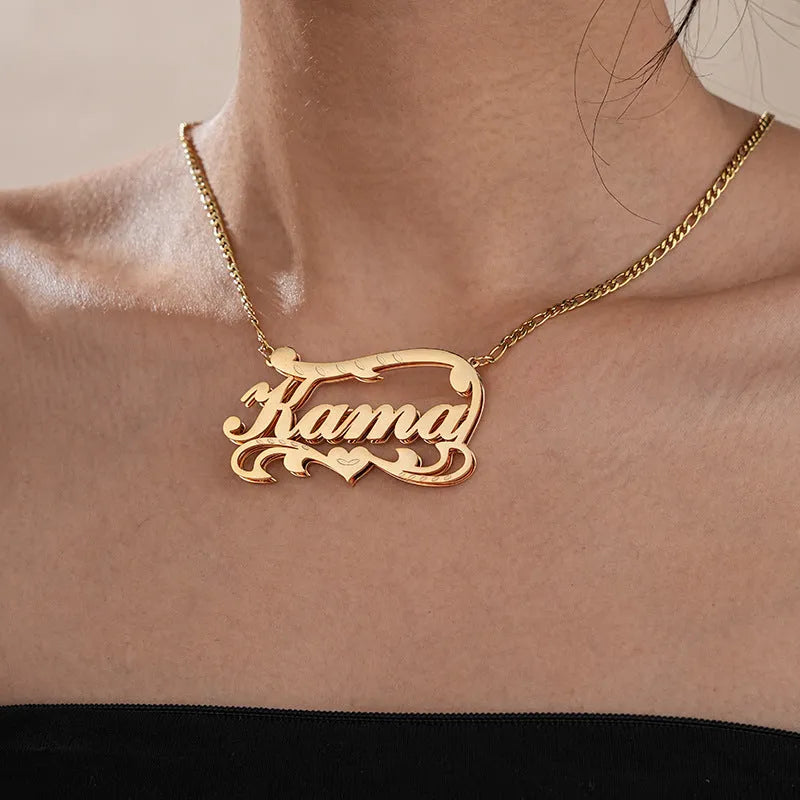 Double-layer wave heart pendant necklace with space for a custom name engraving, shown in gold and silver stainless steel.