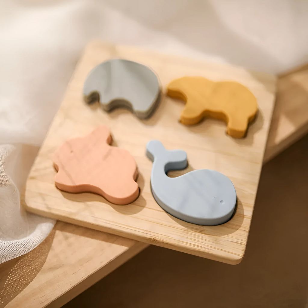 Food grade silicone baby animal puzzle toys three-dimensional building blocks in primary colour