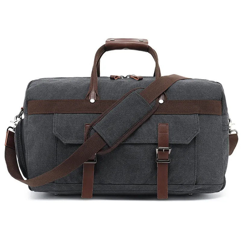 Large canvas crossbody travel bag in retro style with visible sewing lines