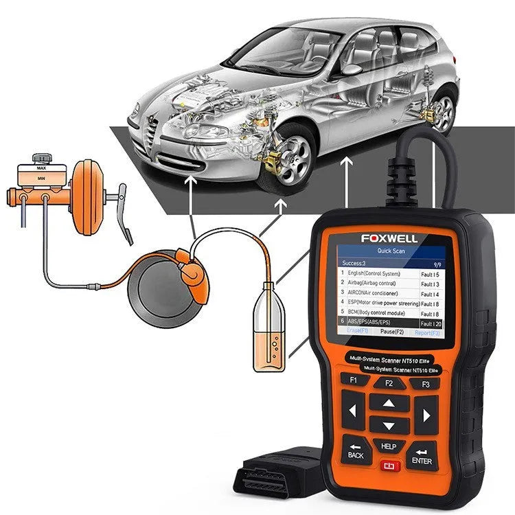 Foxwell NT510 orange and black automotive OBD2 diagnostic scanner with screen and cable.