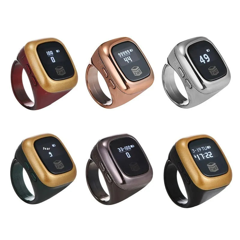 Al-Fatiha Zikr electronic counter with digital display on wrist, shown in Black, Space Gray, and Rose Gold colour options.