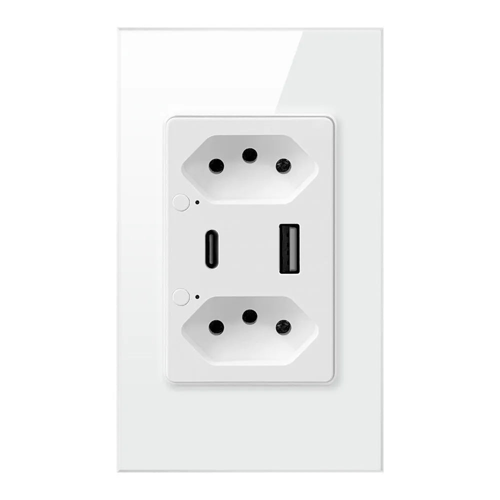 Brazil wall socket with six holes, two USB and one Type-C port, in black, with independent socket control