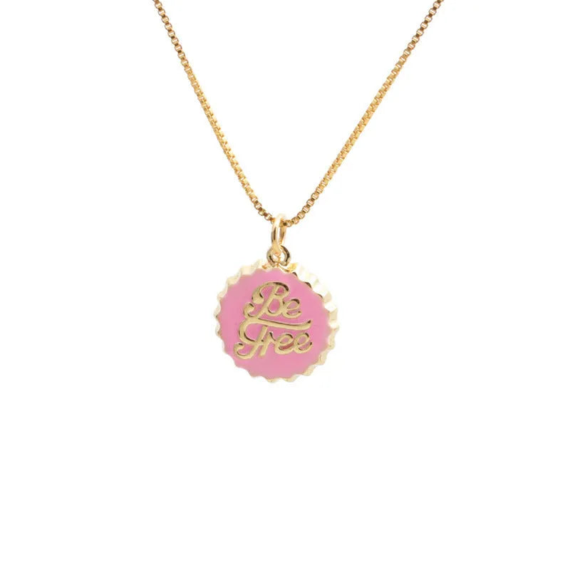 Copper bottle cap pendant necklace with gold electroplating on a 40cm box chain.