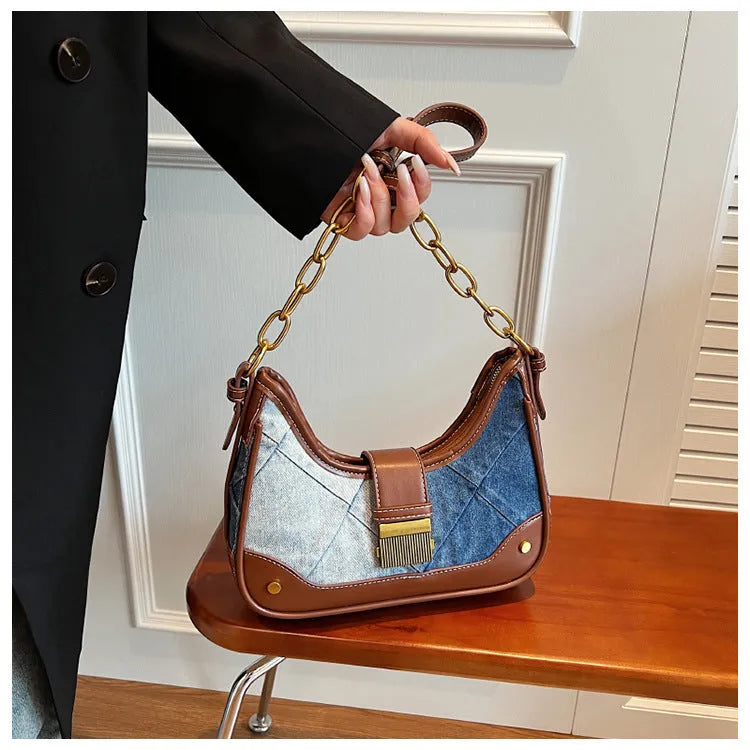 Brown denim women's shoulder bag with diamond mesh detail and bucket design