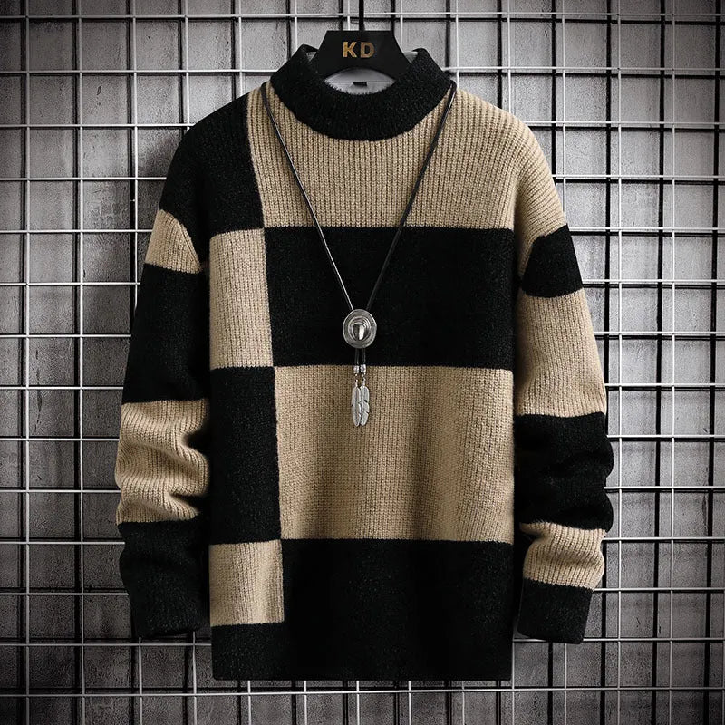 Men's casual cardigan in colour block black with white collar, loose fit, thickened modal polyester fabric