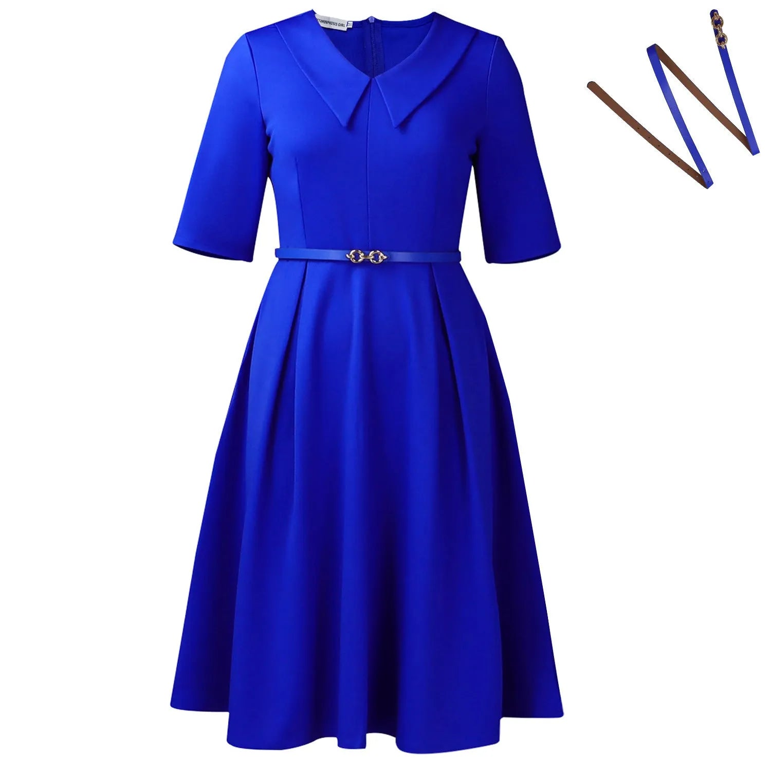 Solid colour African dress with half sleeves and a matching belt, shown on a hanger.