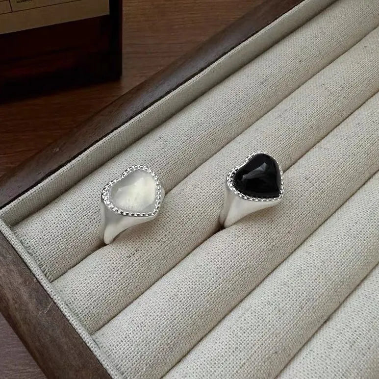 Adjustable open mouth ring with black agate stone and heart design in sterling silver