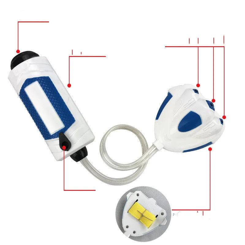 Hand-held plastic water gun in red and blue colours with compact 24x7cm size for outdoor water play