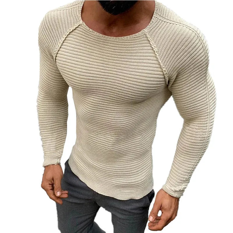 Slim-fit long-sleeved round neck acrylic knit pullover sweater for men in black and apricot
