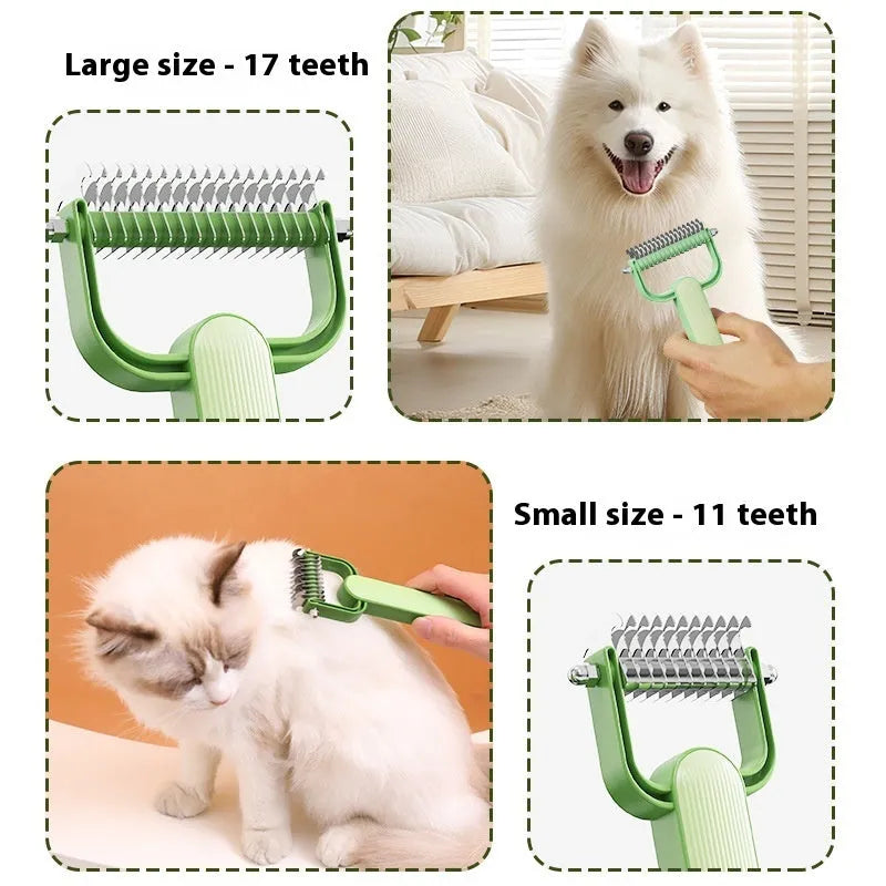 Green and grey dog detangling combs with stainless steel teeth, shown in large and small sizes.