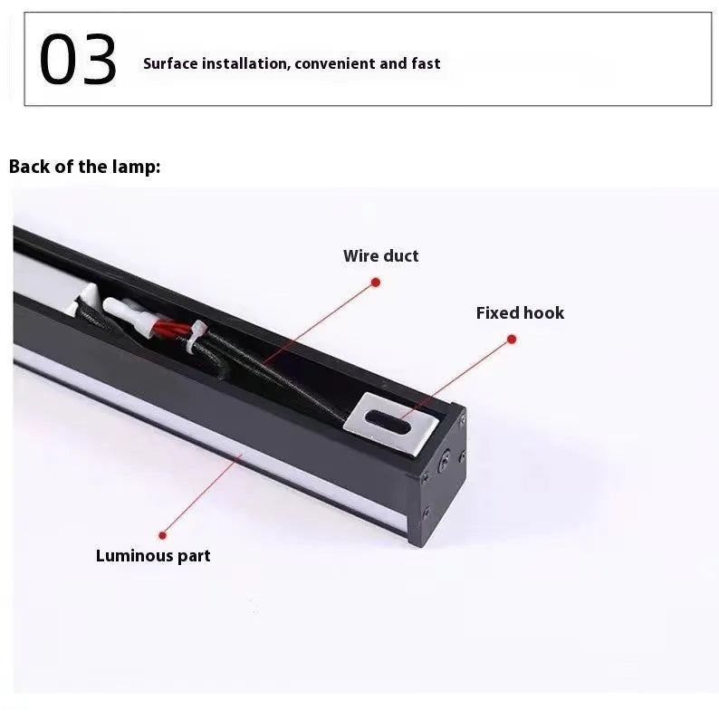 80cm long black aluminium LED wall lamp with touch control for three light colours on a white wall.