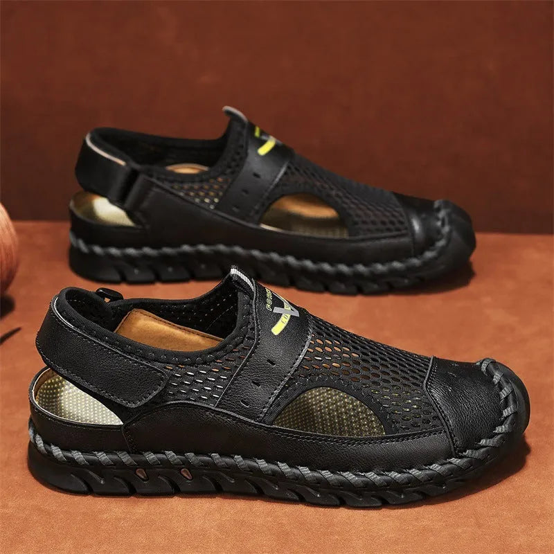 Men's brown genuine leather elastic band slip-on loafers with round toe and rubber sole