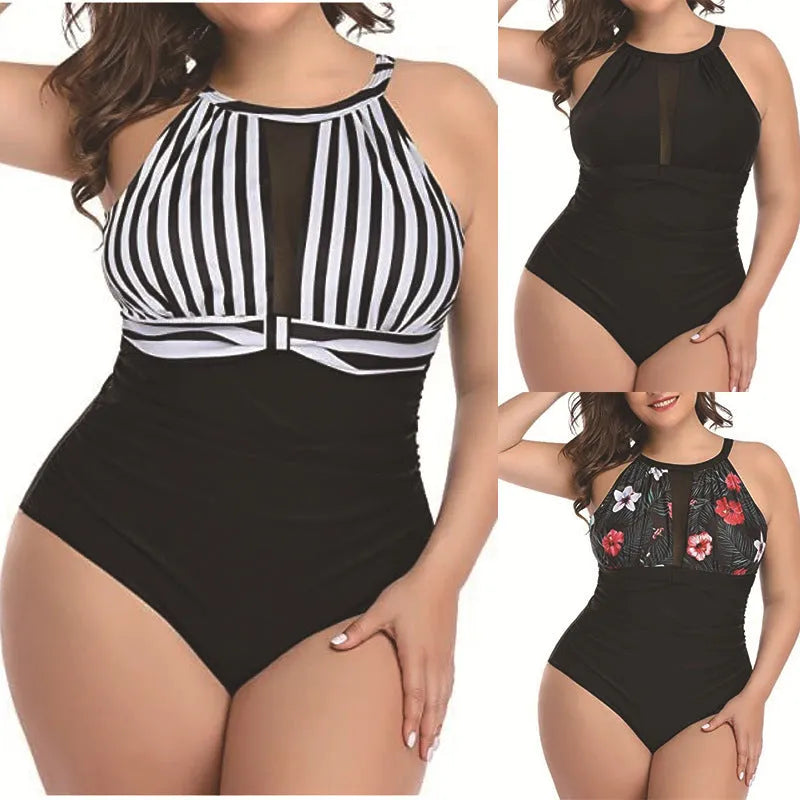 Women's black one-piece swimsuit with lace trim on mannequin, showing front and back.