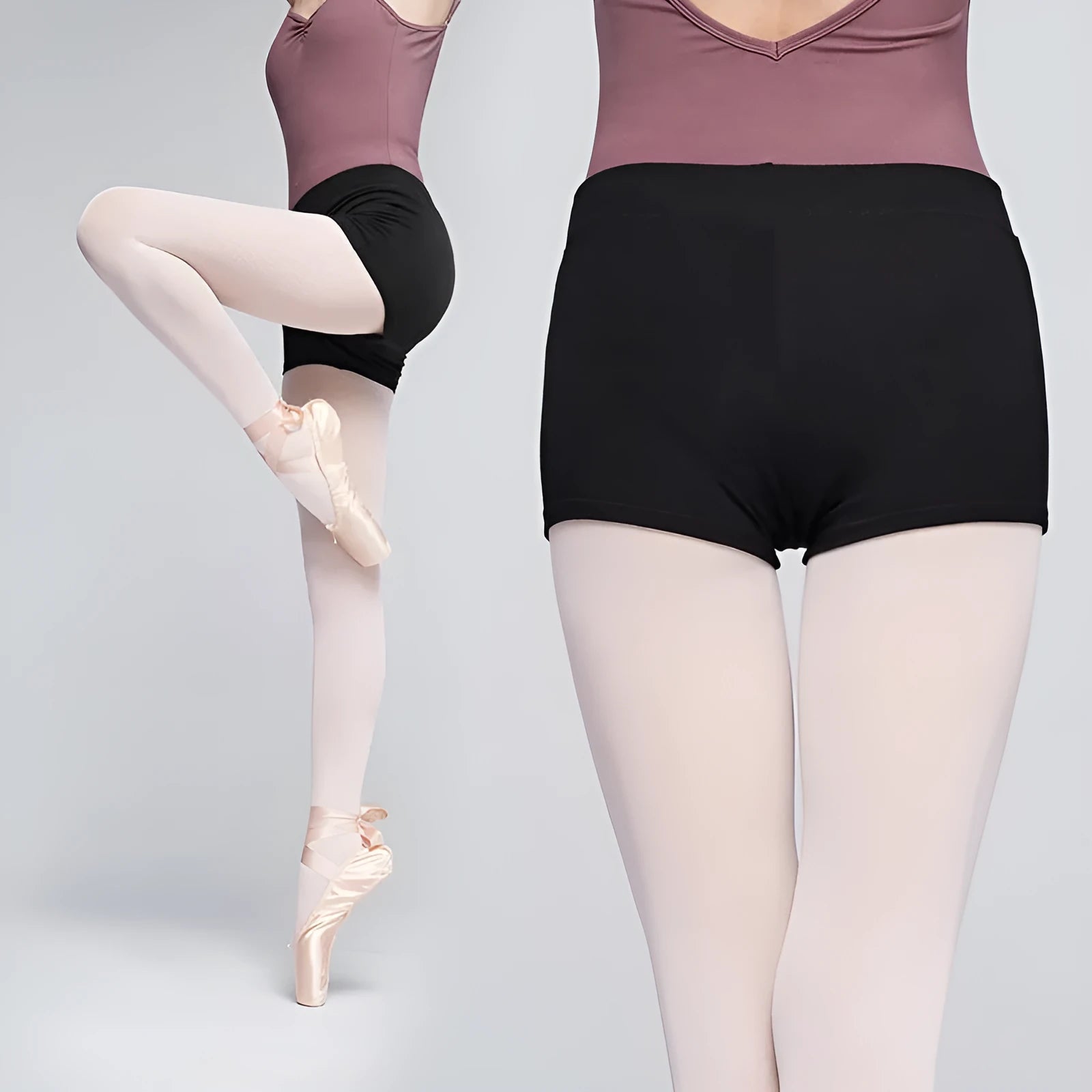 Black women's cotton dance practice shorts laid flat, showing solid colour and simple design.