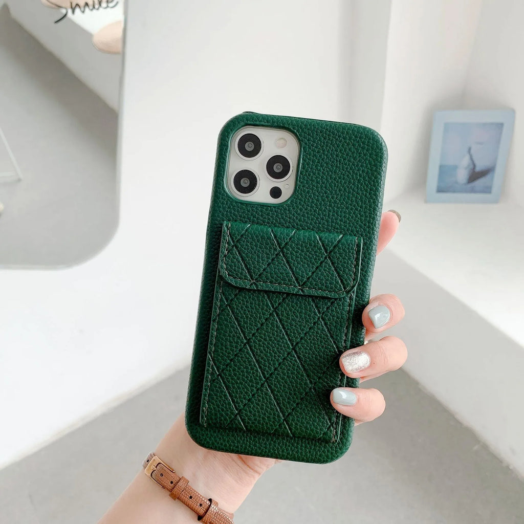Tide Brand black imitation leather phone case with card slot for iPhone, shown next to credit cards.
