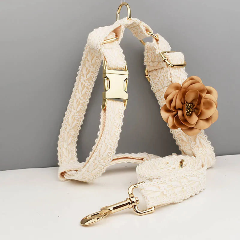 Pet wedding accessories set showing lace vest, floral collar, and adjustable leash for dogs