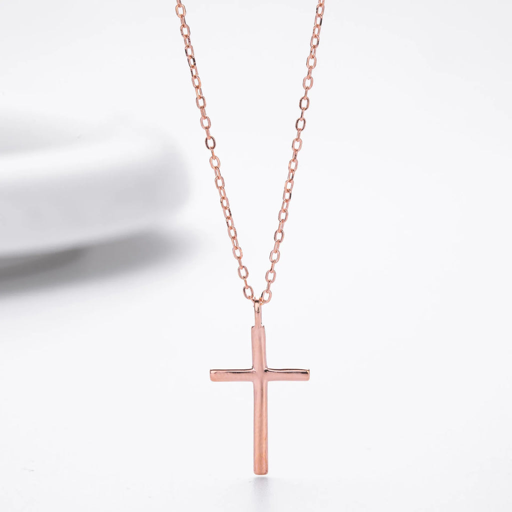 Sterling silver necklace with simple cross pendant on O-shaped chain in gold, platinum, or rose gold finish