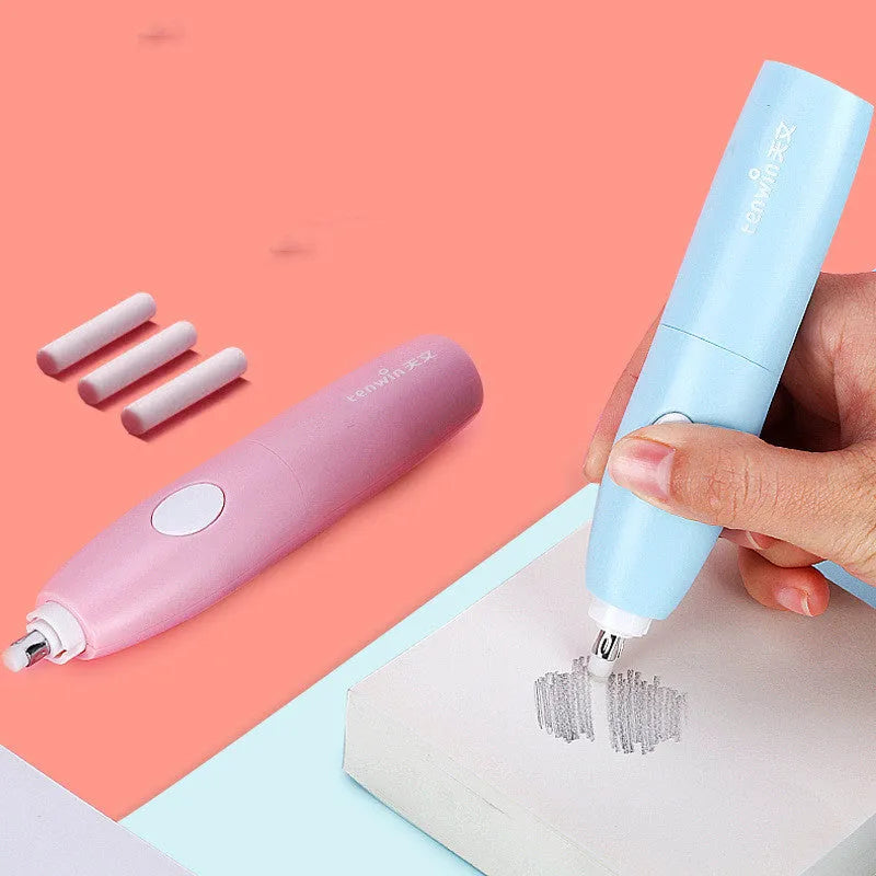 Electric pencil sharpener in blue plastic with simple design, for student stationery set