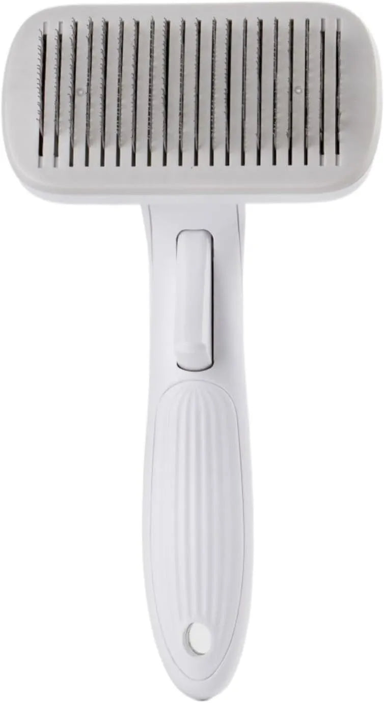 Automatic pet grooming comb with four interchangeable heads in blue, grey, green, or pink colours.