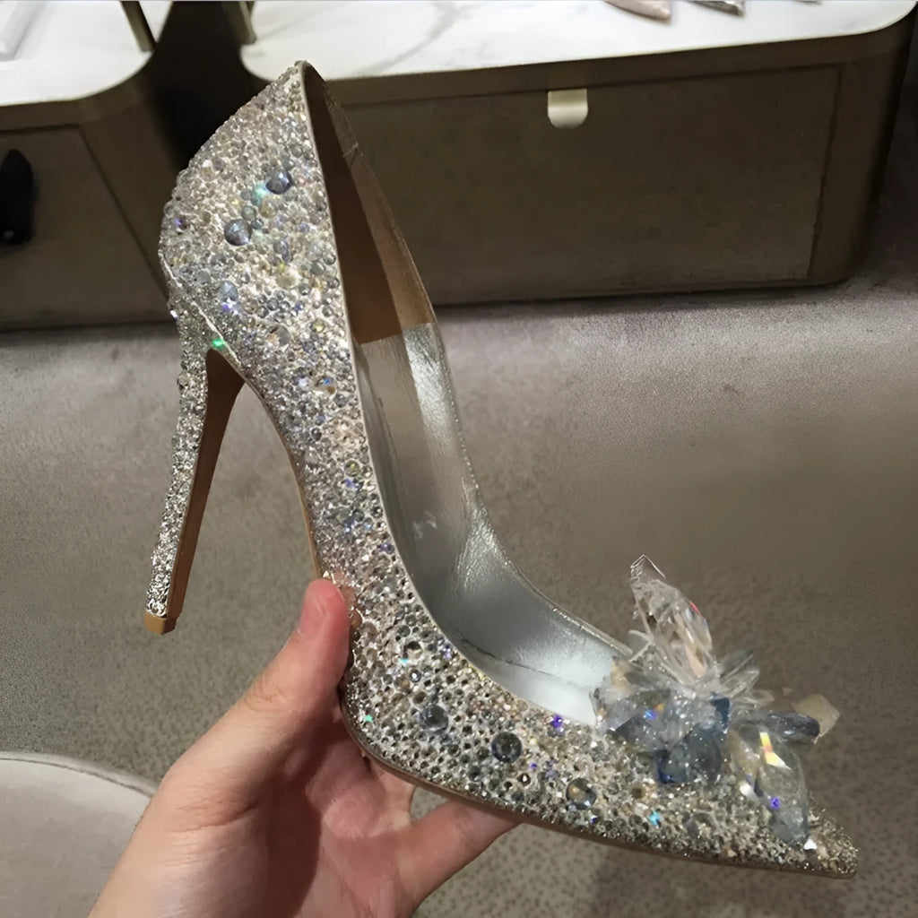 Women's pointed toe stiletto heels with rhinestone decorations in gold and silver colours