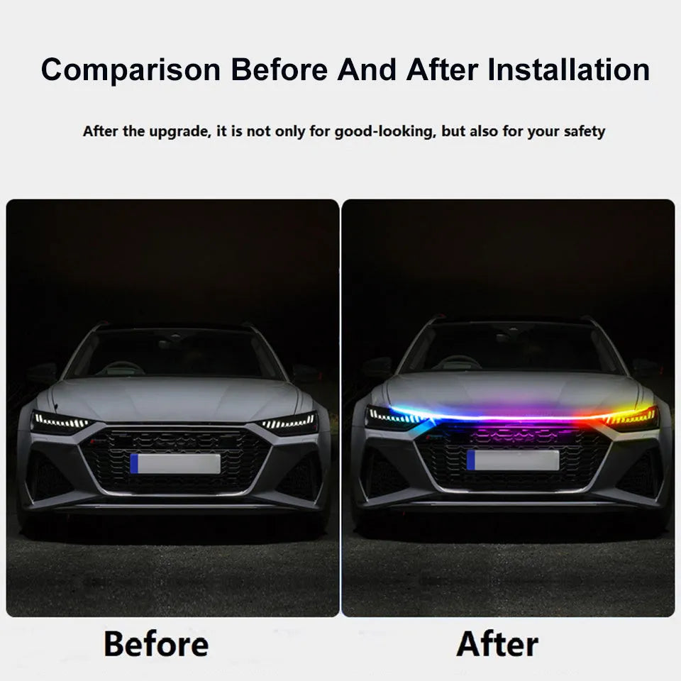 Flexible PVC LED light strip for automotive engine cover installation on General Motors cars.