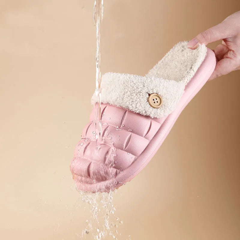 A pair of pink detachable EVA slippers with plush lining and a textured sole.