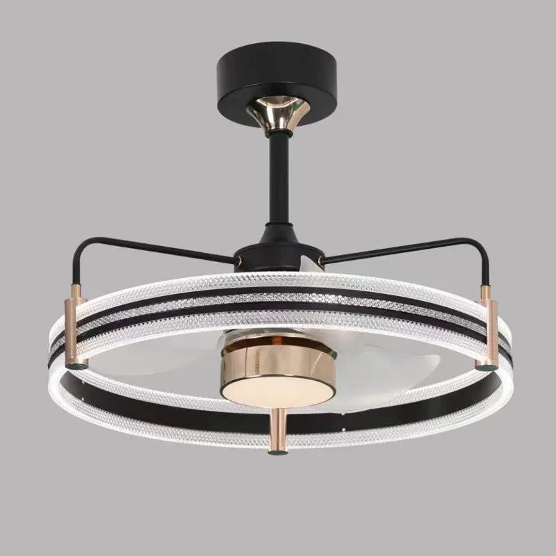 Modern remote-controlled ceiling fan light with acrylic shade and ABS blades in black or gold finish