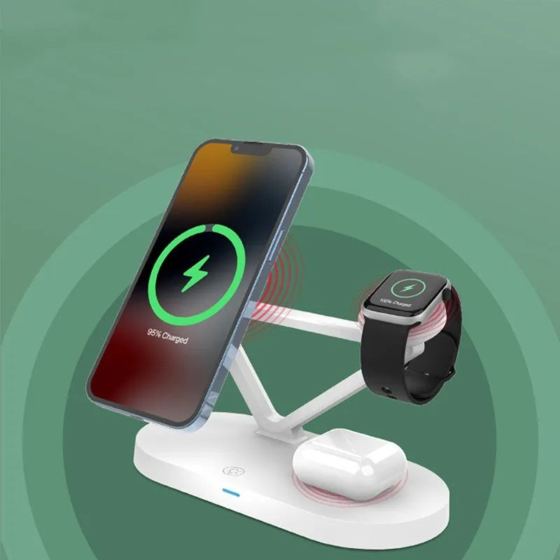 Black wireless charging station showing phone, Apple Watch and AirPods case charging simultaneously