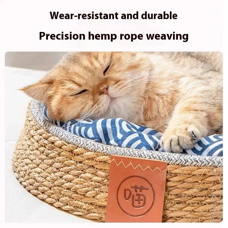 Rattan cat nest pet bed available in S, M, L, and XL sizes with open weave construction