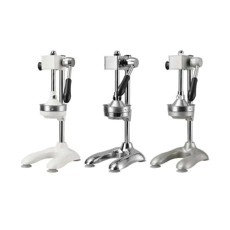 Vertical stainless steel manual juicer in five colour options with three tip style choices