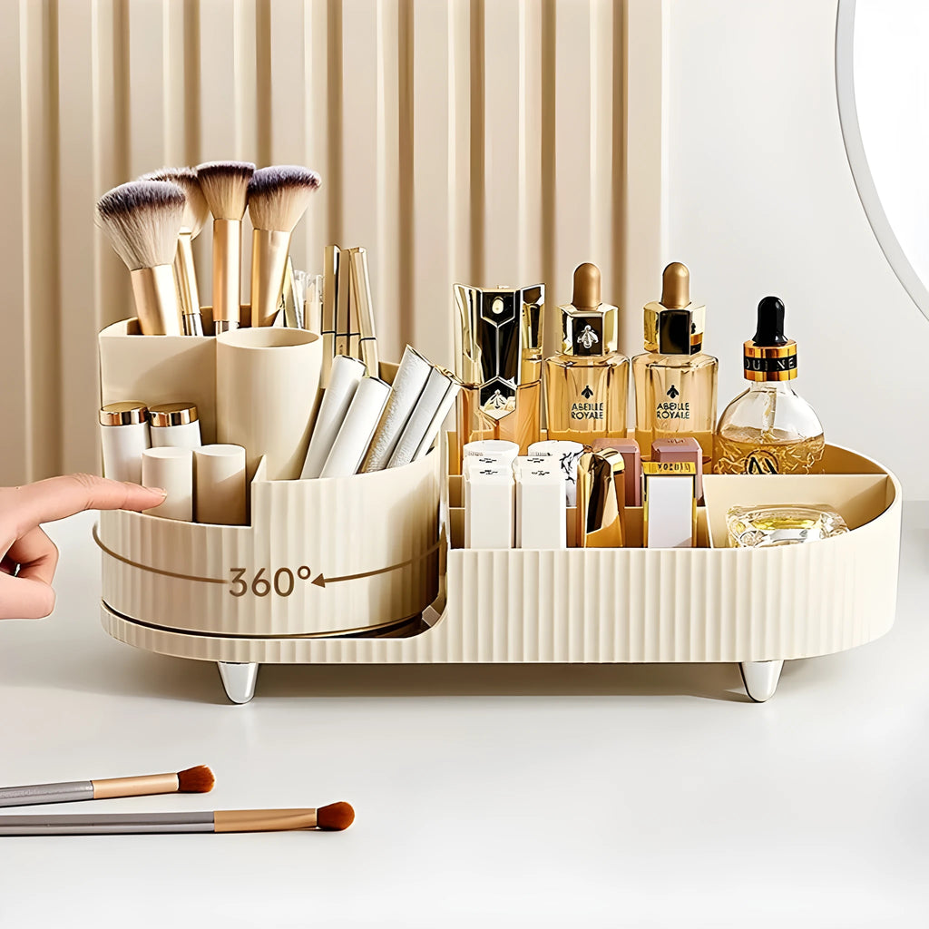 Rotating cosmetics storage box with makeup brushes and lipsticks organised on dressing table