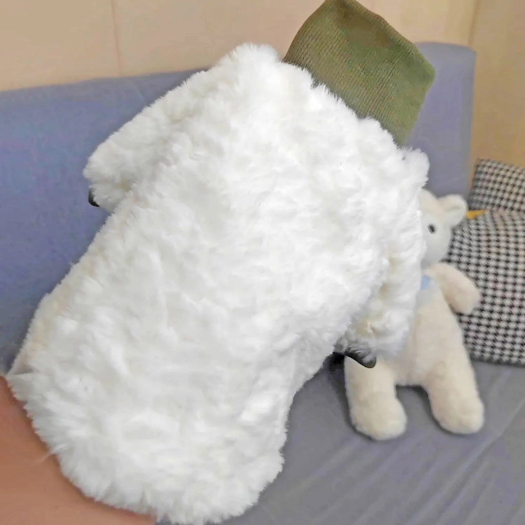 Creamy green turtleneck plush dog coat on small pet showing high collar design and cotton padding