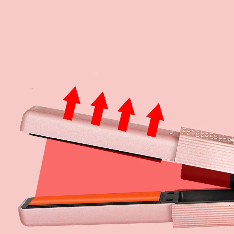 Pink and green cordless USB hair straightener and curling iron with ceramic plates.