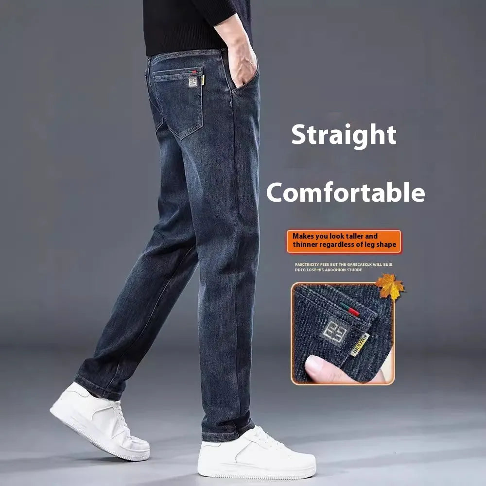 Man wearing slim straight blue-grey casual trousers with a micro-elastic waist for street fashion summer wear.